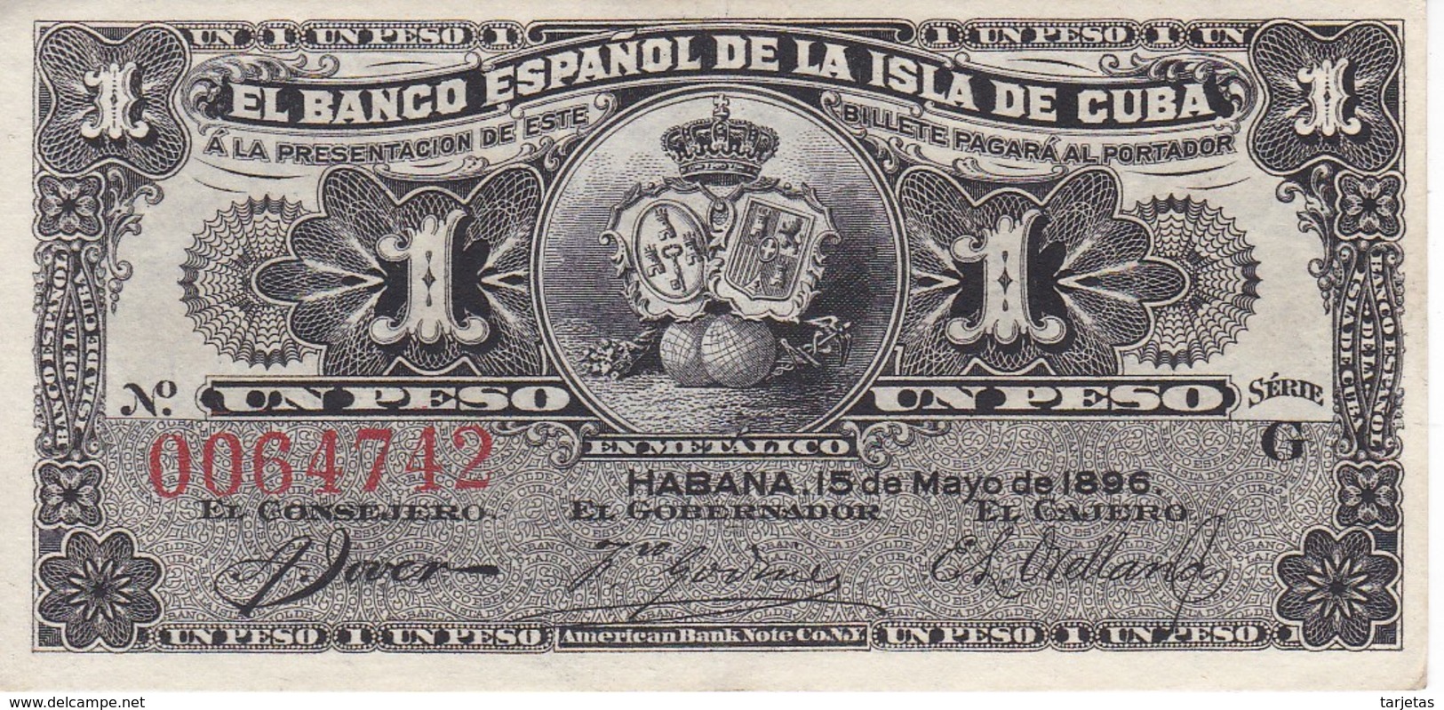 BILLETE DEL BANCO ESPAÑOL EN CUBA DE 1 PESO DEL AÑO 1896 EN CALIDAD EBC (XF)  (BANKNOTE) - Cuba