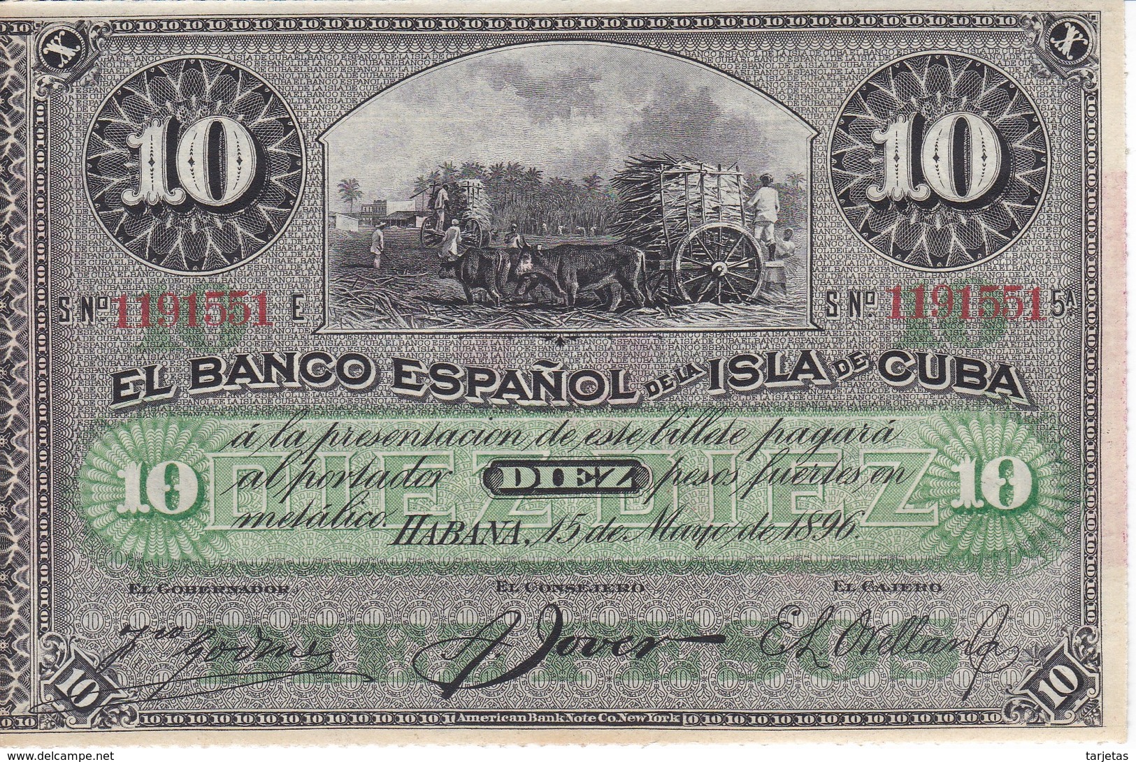 BILLETE DEL BANCO ESPAÑOL EN CUBA DE 10 PESOS DEL AÑO 1896 SIN CIRCULAR-UNCIRCULATED (BANKNOTE) - Cuba