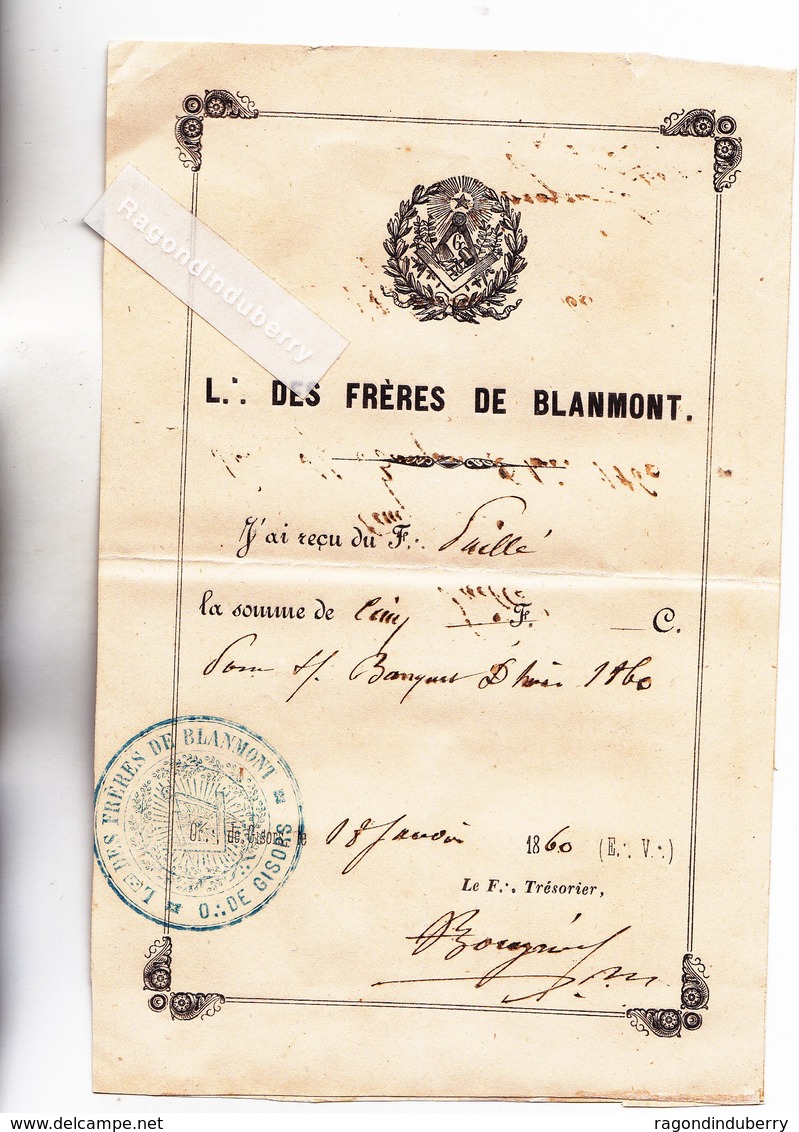 27 - GISORS - FRANC-MACONNERIE - LOGE Des FRERES De BLANMONT Avec Cachet De La Loge - Reçu Pour Banquet 1860 - RARE - - Unclassified