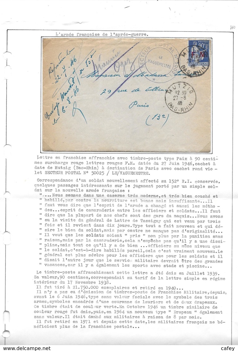 Lettre De MUTZIG BAS RHIN Timbre Paix Surcharge FM  Cachet Secteur Postal 50025 - Guerre De 1939-45