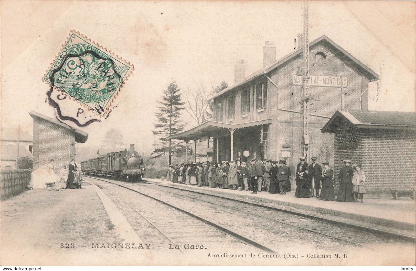 60 Maignelay Montigny La Gare Train Locomotive à Vapeur Cpa Carte Animée Cachet 1907 Convoyeur Creil à Paris - Maignelay Montigny