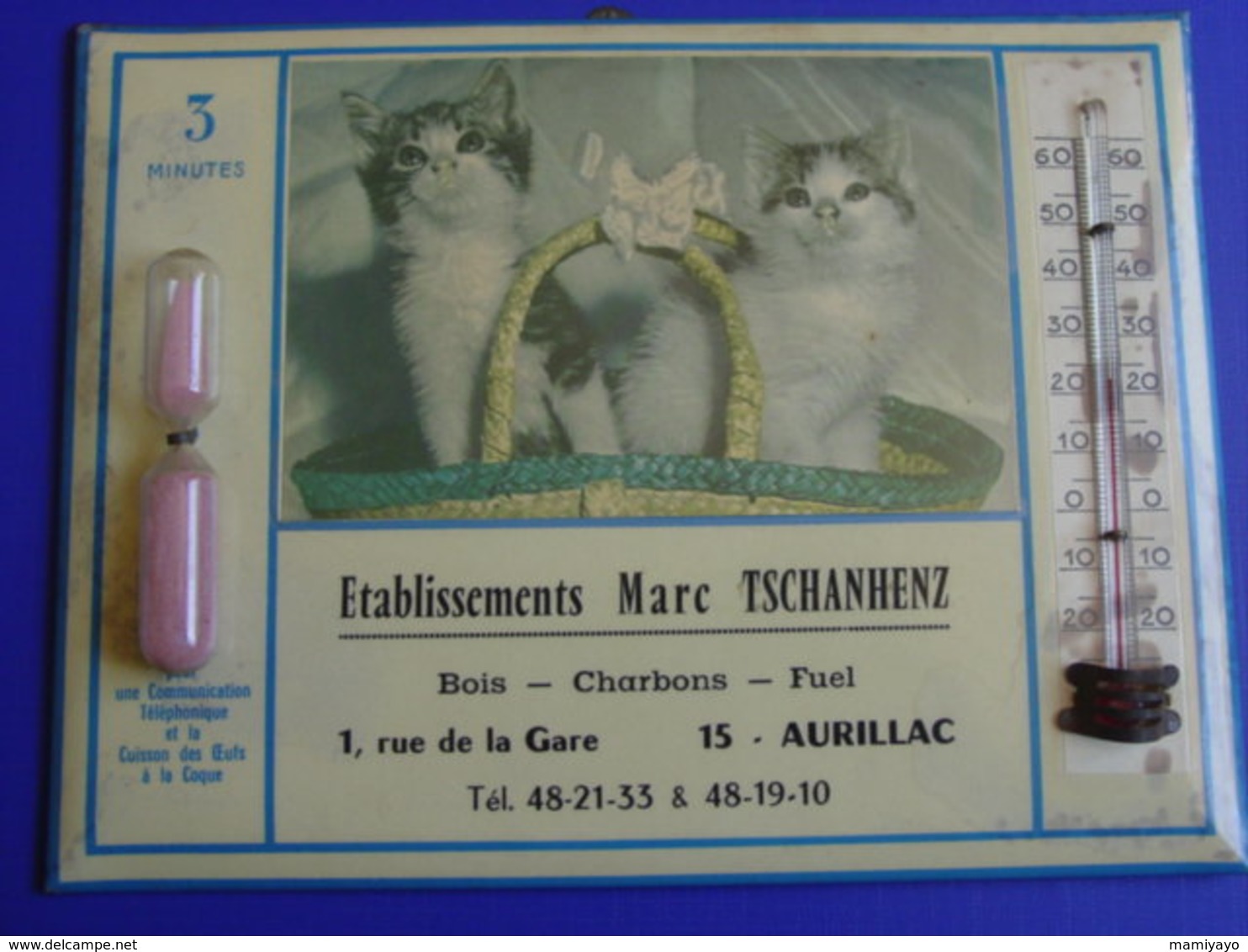 THERMOMÈTRE-SABLIER Sur TÔLE PUBLICITAIRE Pour Bois-Charbons..AURILLAC (CANTAL)-Photo Chats-châtons - Plaques En Tôle (après 1960)