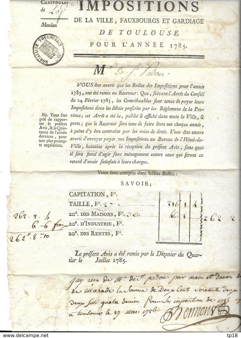 Toulouse Avis D'imposition  Original  1785 - Manuscrits