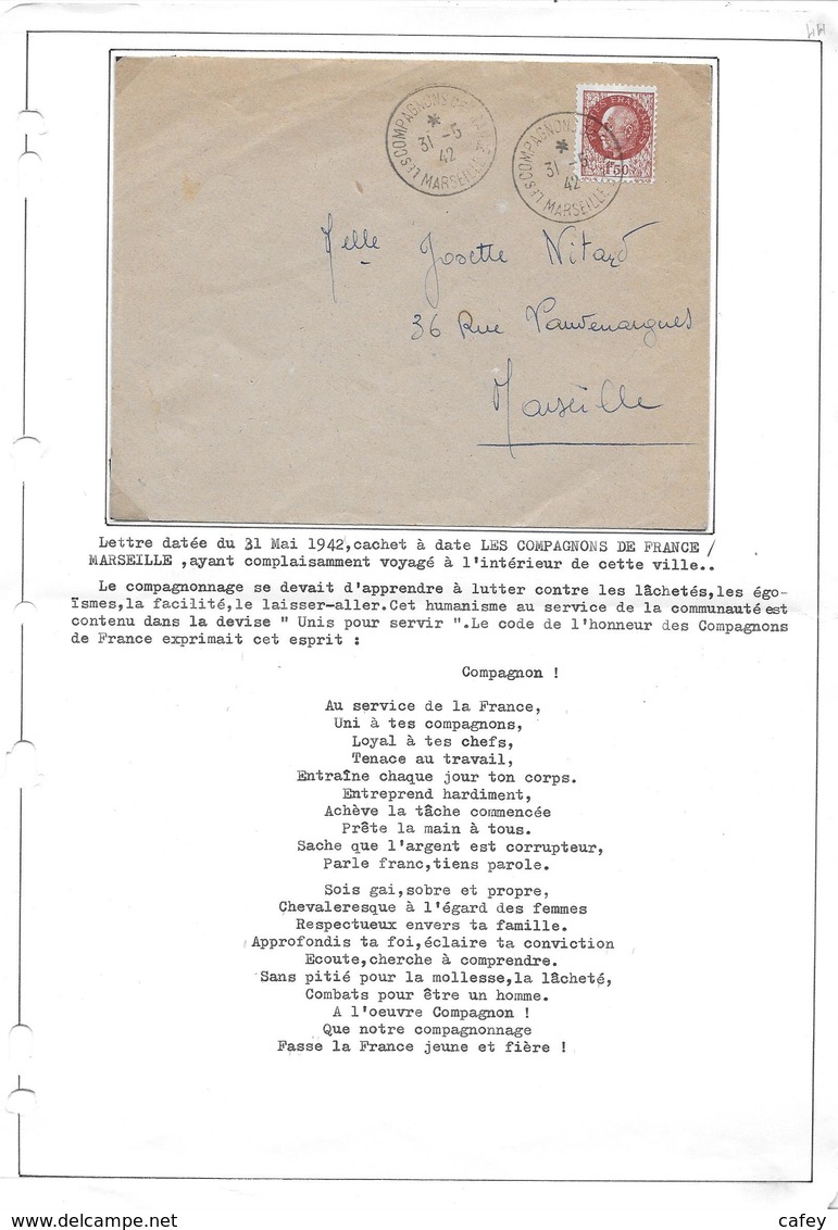 Lettre 1942 Timbre Pétain CAD LES COMPAGNONS DE FRANCE MARSEILLE - Guerra Del 1939-45