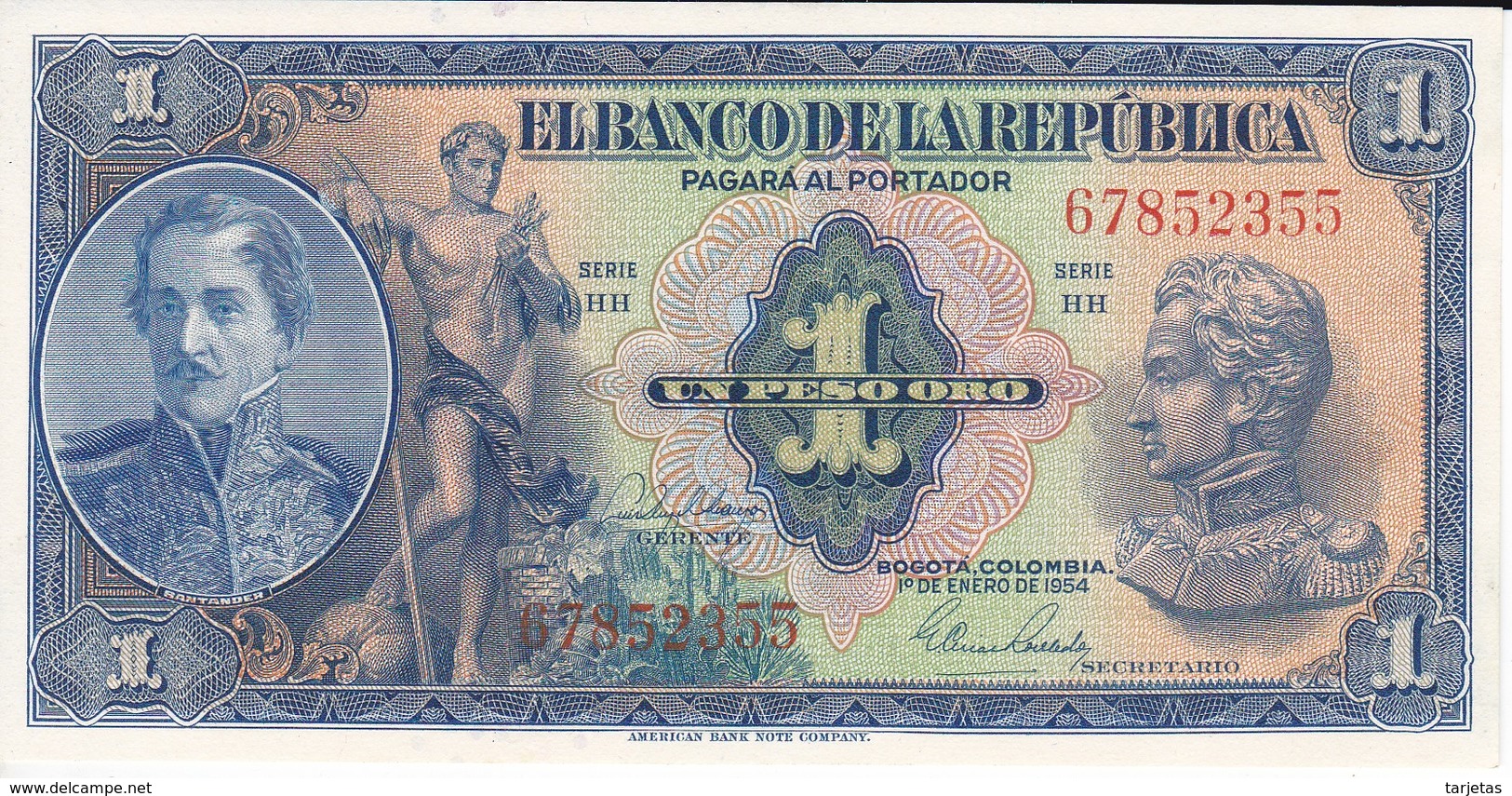 BILLETE DE COLOMBIA DE 1 PESO DE ORO DEL AÑO 1954 SIN CIRCULAR (BANK NOTE) UNCIRCULATED - Colombia