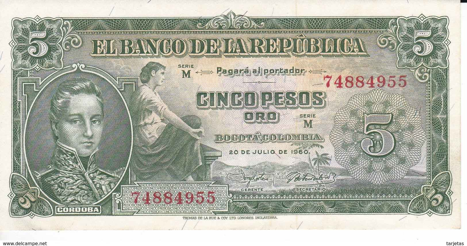 BILLETE DE COLOMBIA DE 5 PESOS DE ORO DEL AÑO 1960 SIN CIRCULAR (BANK NOTE) UNCIRCULATED - Kolumbien