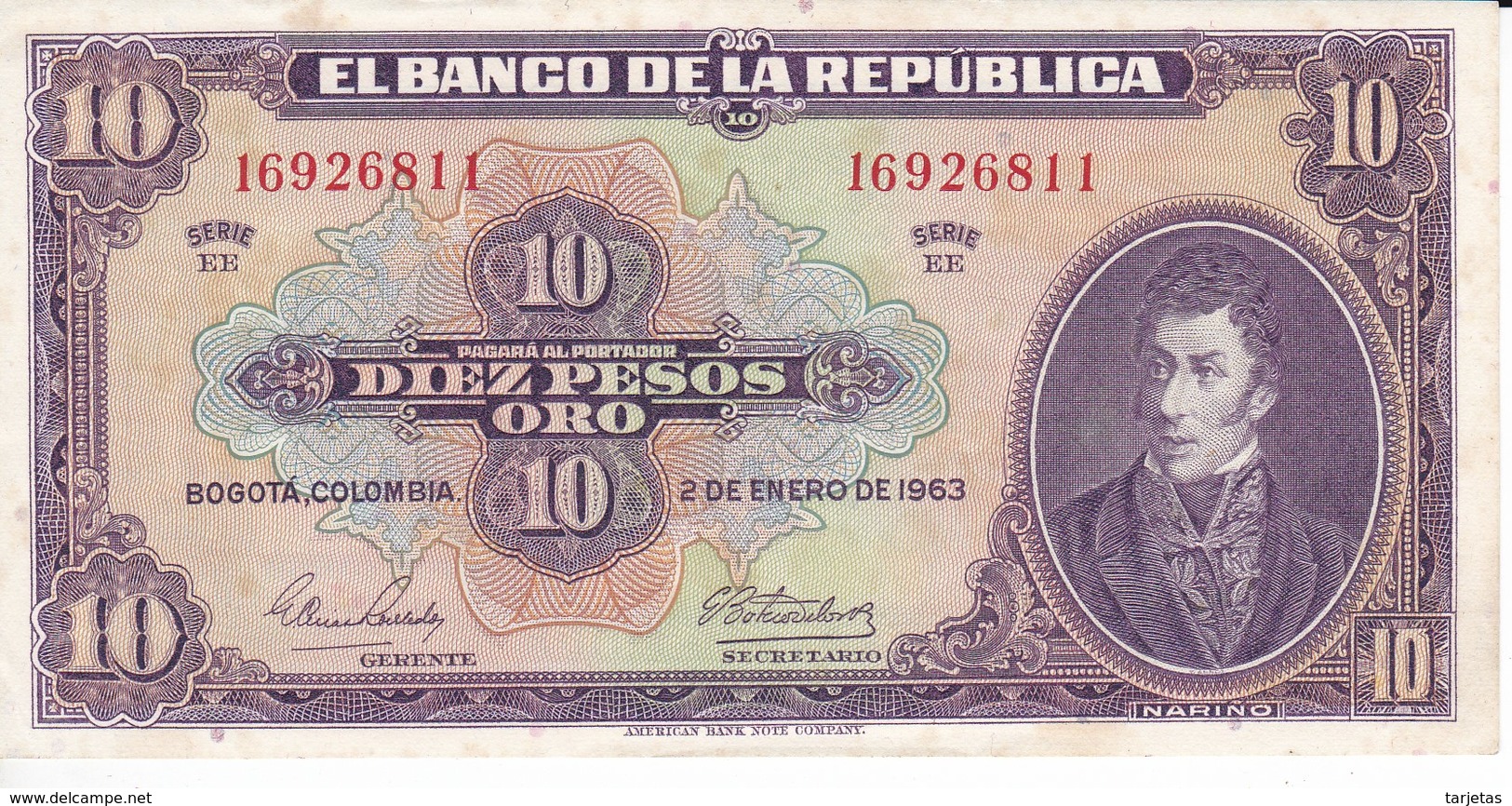 BILLETE DE COLOMBIA DE 10 PESOS DE ORO DEL AÑO 1963 SIN CIRCULAR (BANK NOTE) UNCIRCULATED - Colombia