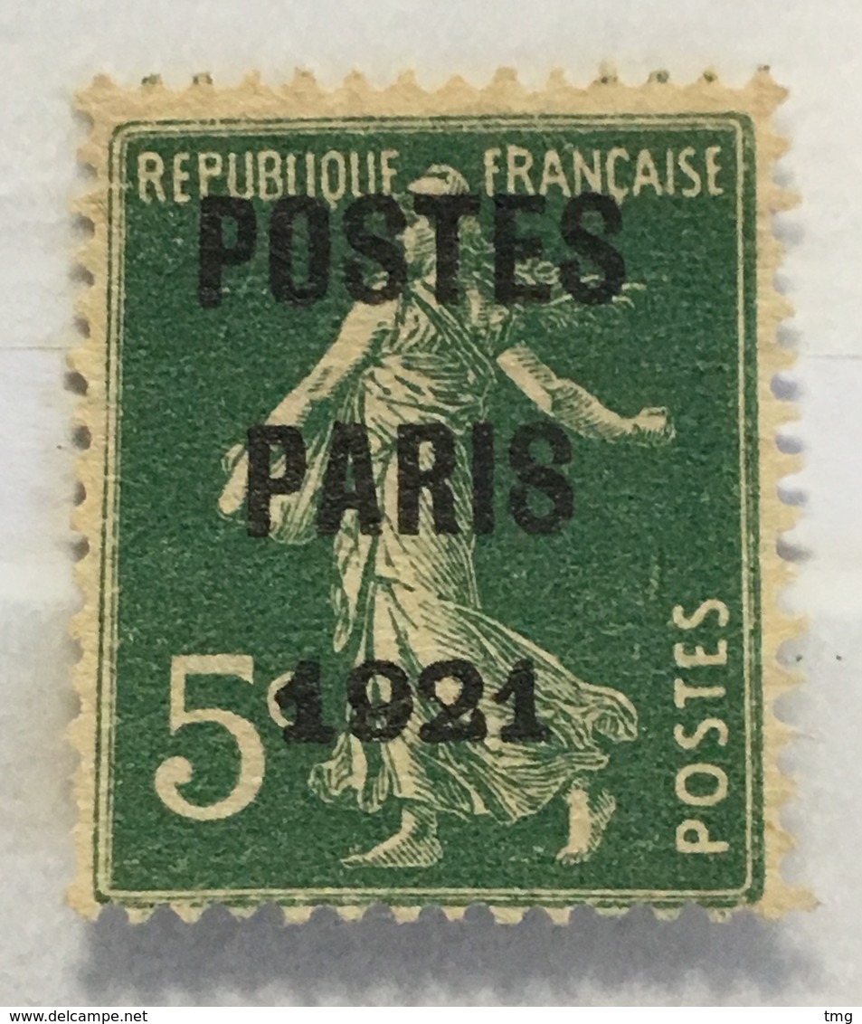 Timbre France Préo YT 26 (137) (°) Obl Postes Paris 1921 5c Vert (côte 80 Euros) – 69 - 1893-1947