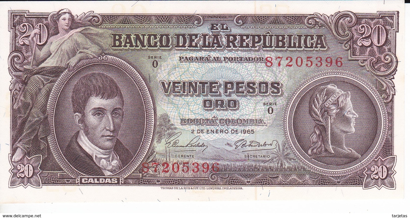 BILLETE DE COLOMBIA DE 20 PESOS DE ORO DEL AÑO 1965 SIN CIRCULAR (BANK NOTE) UNCIRCULATED - Colombia