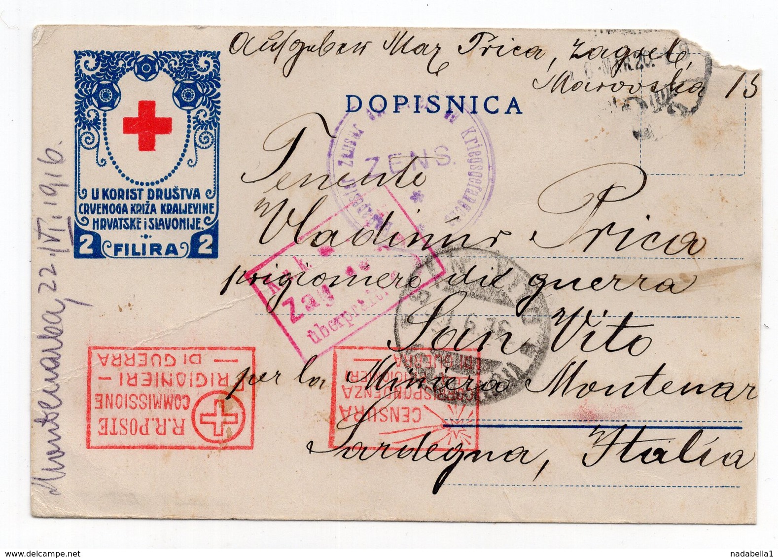 1916, WWI AUSTRIA,CROATIA,RED CROSS CENSORED CARD TO POW,ZAGREB TO SARDEGNA,ITALY - Croatia