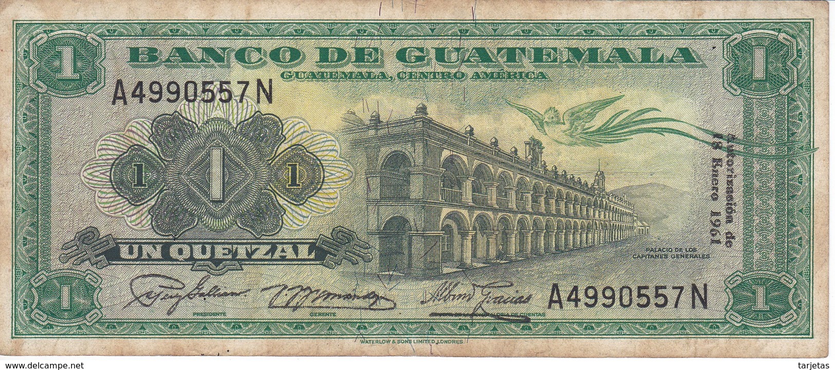 BILLETE DE GUATEMALA DE 1 QUETZAL DEL AÑO 1961 (BANKNOTE)  RARO - Guatemala