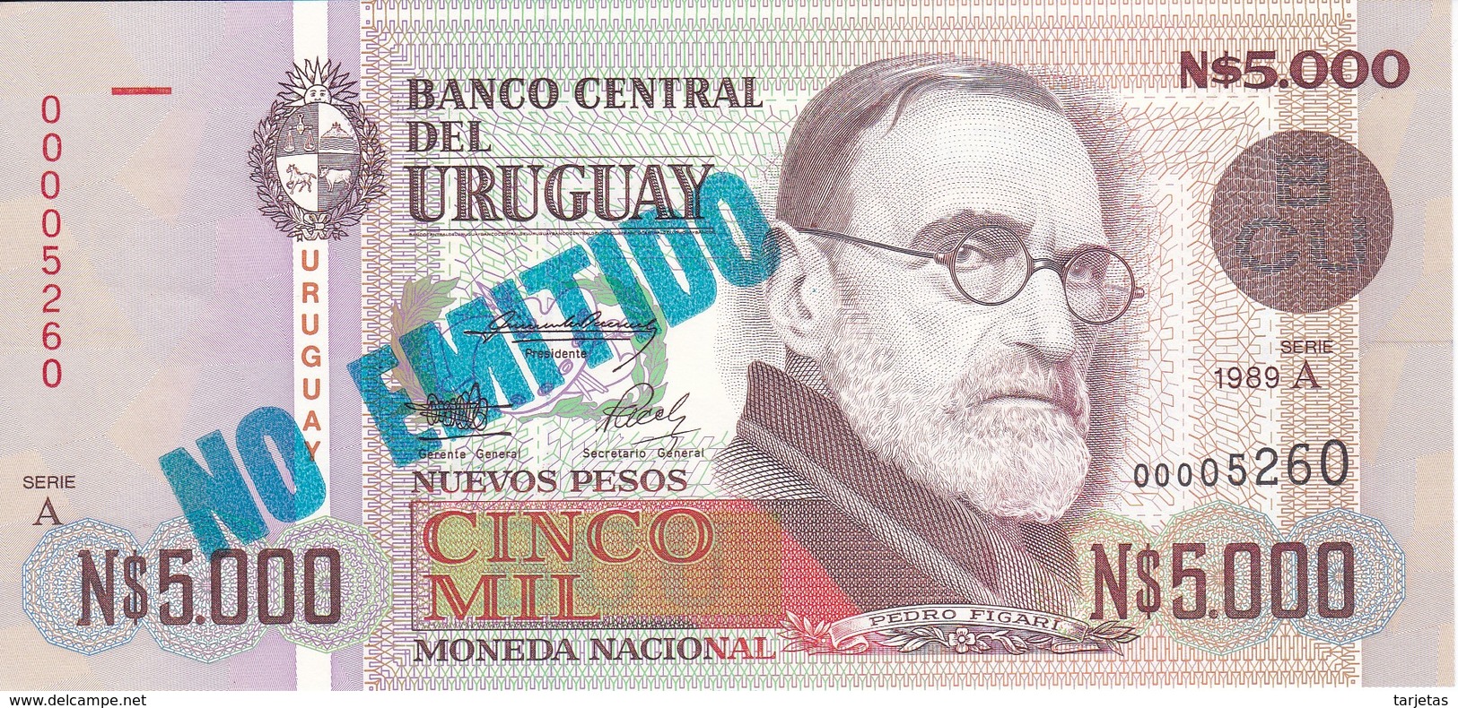 NO EMITIDO - BILLETE DE URUGUAY DE 5000 PESOS DEL AÑO 1989 SIN CIRCULAR  (BANKNOTE) UNCIRCULATED - Uruguay