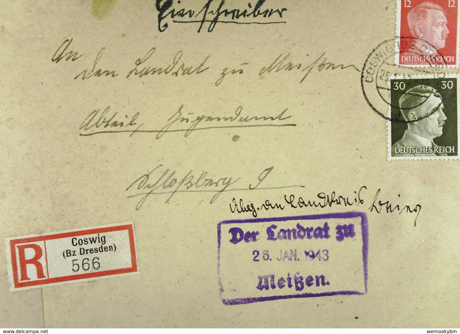 DR: R-Fern-Brief Mit 12 Und 30 Pf Hitler MiF Vom 25.1.43 An Den Landrat Von Meißen, Eing-St. Vorn Und Hinten Knr: 794 Ua - Briefe U. Dokumente