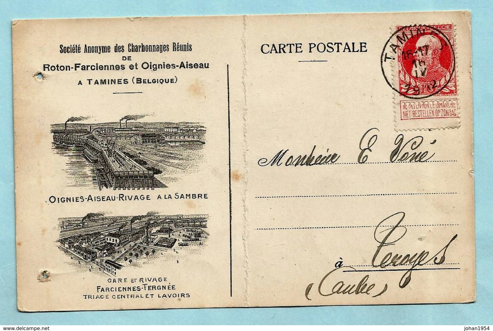 N°74 Op Postkaart Charbonnages Roton-Farciennes Et Oignies-Aiseau, Afst. TAMINES 16/04/1912 - 1905 Grosse Barbe