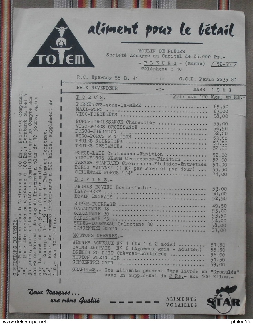 51 Moulin De PLEURS  Tarif Aliment Pour Le Betail TOTEM  STAR 1963 - Agriculture