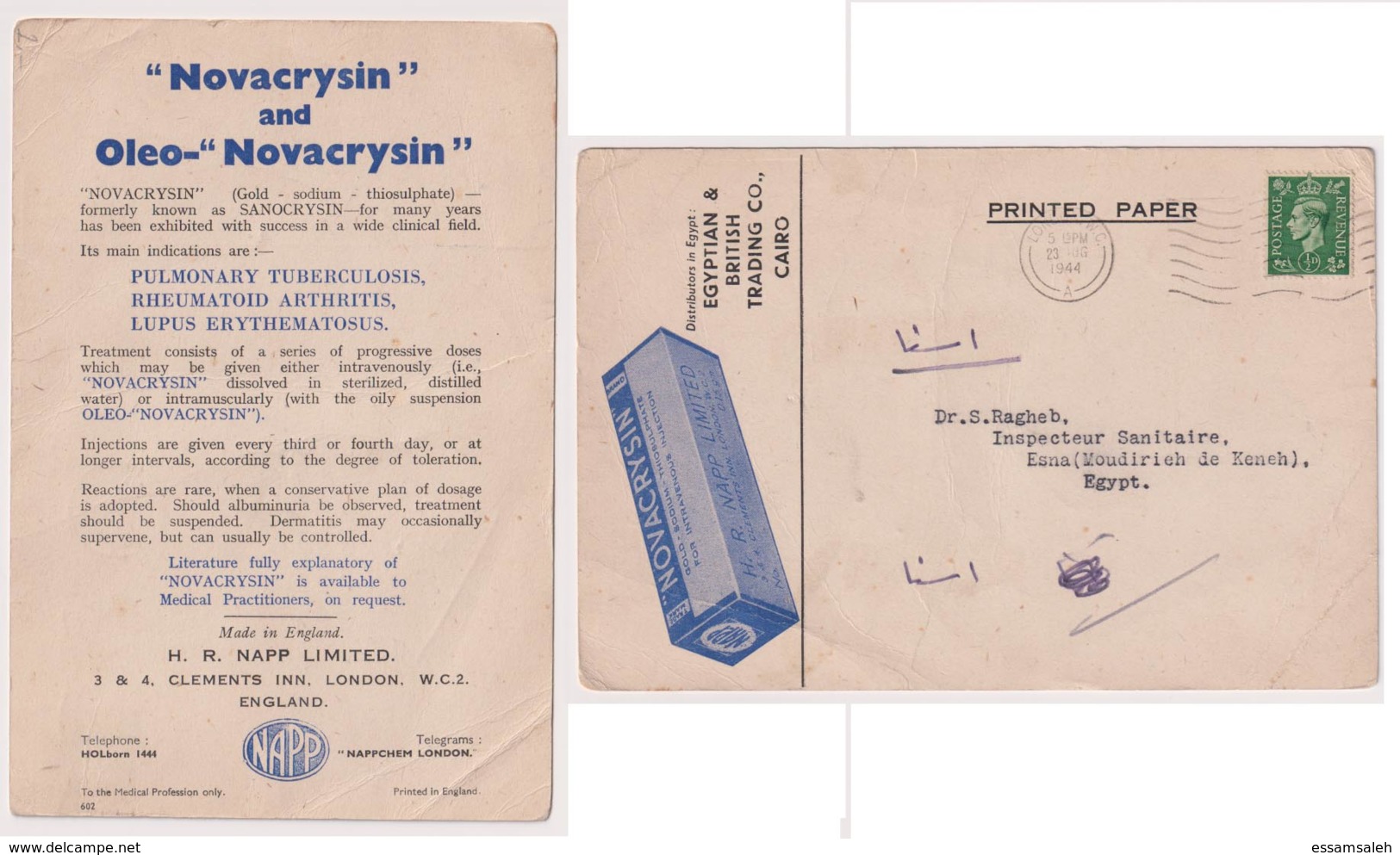 GBS18506 GB 1944 P.T.P.O. Advertising "Novacrysin" Photo Postcard Printed Matter - To Egypt - Storia Postale