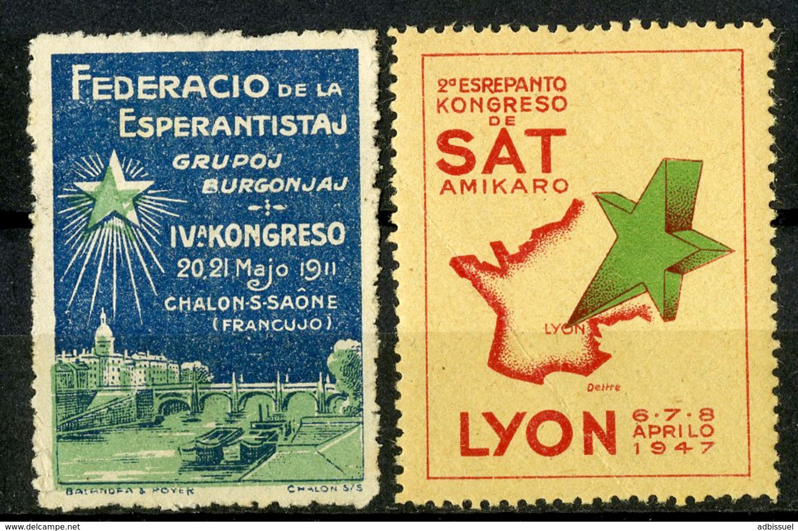 DEUX VIGNETTES ESPERANTO Pour Le Congrès De 1911 à Chalon Sur Saône Et De 1947 à Lyon - Esperanto