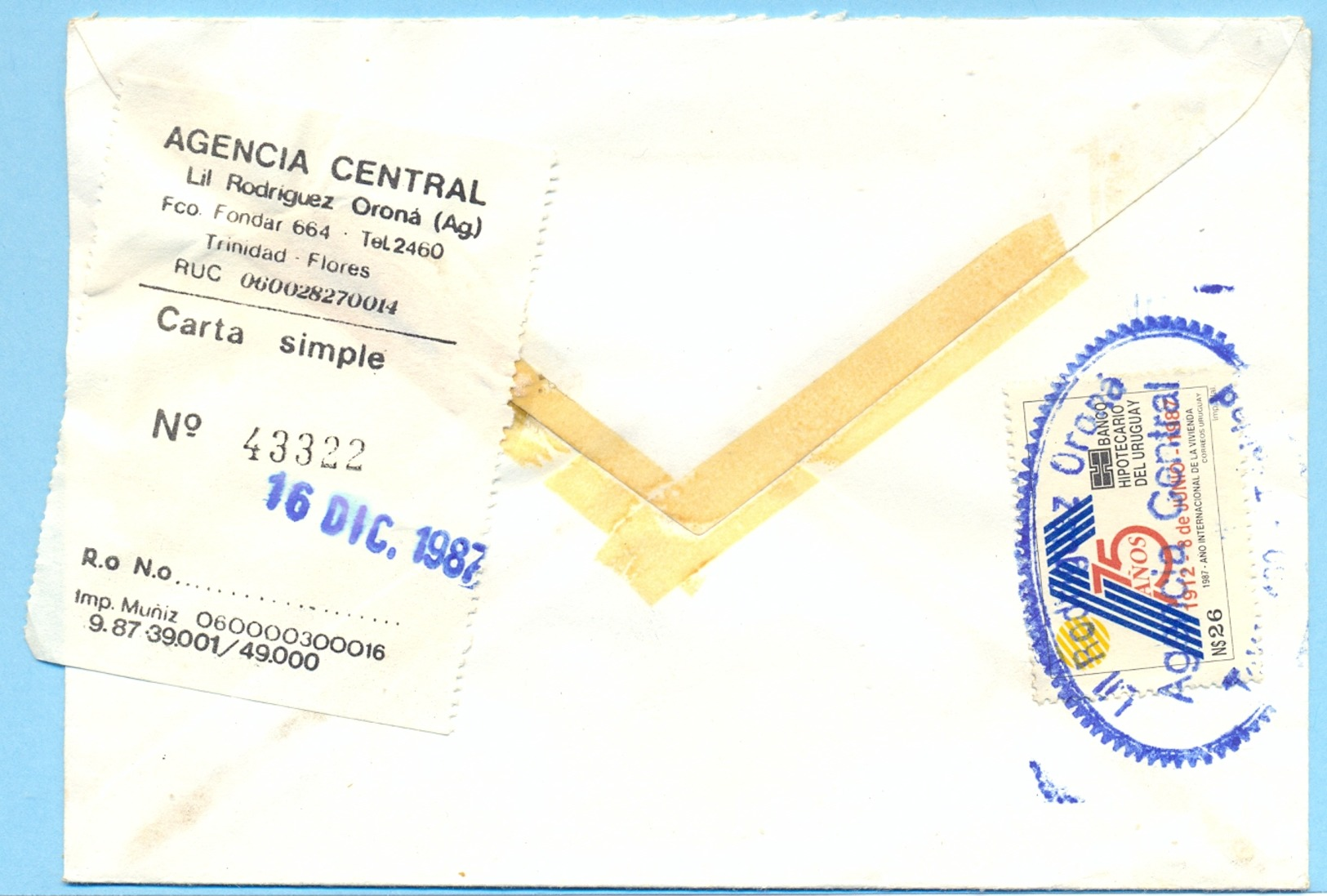 URUGUAY Cover  Private Carrier Agencia Central  1987 WITH  TRANSPORT BUS LABEL VERY RARE - Uruguay