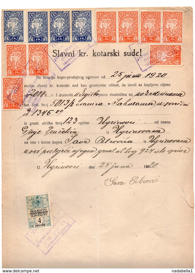 25.06.1920. KINGDOM OF SHS, ZEMUN, CHAIN BREAKERS, VERIGARI, POSTAL STAMPS AS REVENUE, 4x2 KR,8x1 KR AND 1 REVENUE STAMP - Lettres & Documents