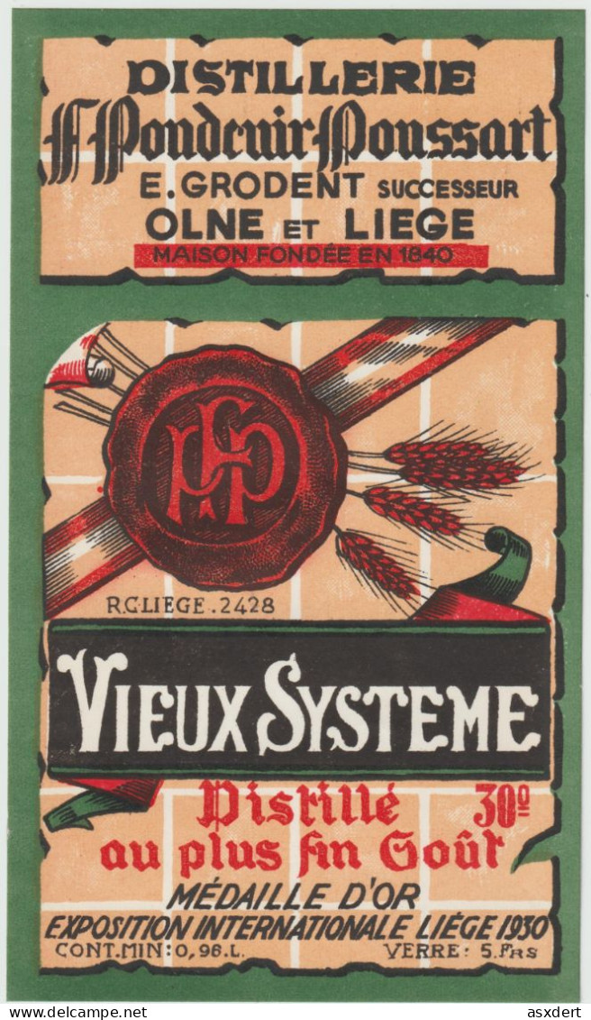 Distillerie / Pondcuir Poussart 'Vieux Système' 30° Olne Liège Médaille D'or. 1930 - Alcohols & Spirits