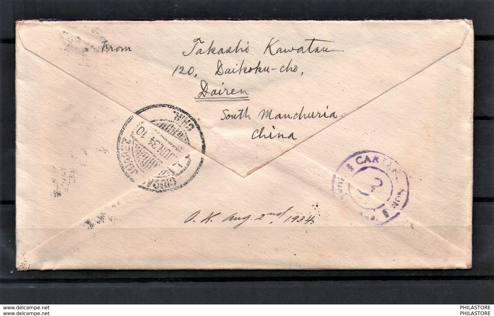 CHINA 1934 Manchukuo  Dairen To Mexico Japanese Occupation 2sn Volcano (x2) & 3sn (x2) Cover With Content - 1932-45 Mantsjoerije (Mantsjoekwo)