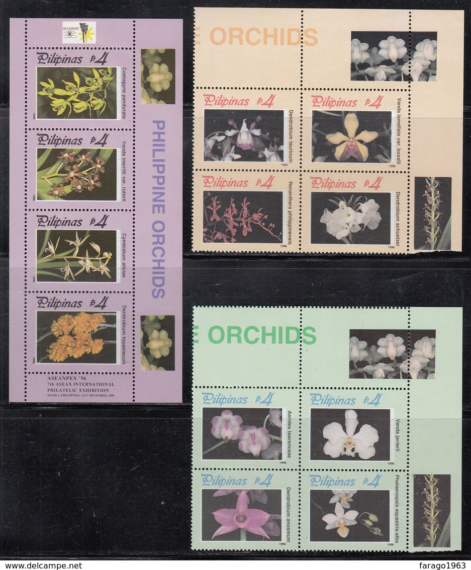 1996 Philippines Aseanpex Orchids Flowers Complete Set Of 2  Blocks Of 4 + Souvenir Sheet MNH - Filippijnen