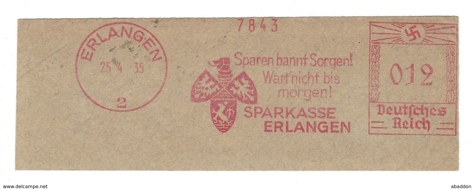 Deutschtes Reich AFS - ERLANGEN, Sparkasse Erlangen  - Sparen Bannt Sorgen! Wart Nicht Bis Morgen! 1935 - Maschinenstempel (EMA)