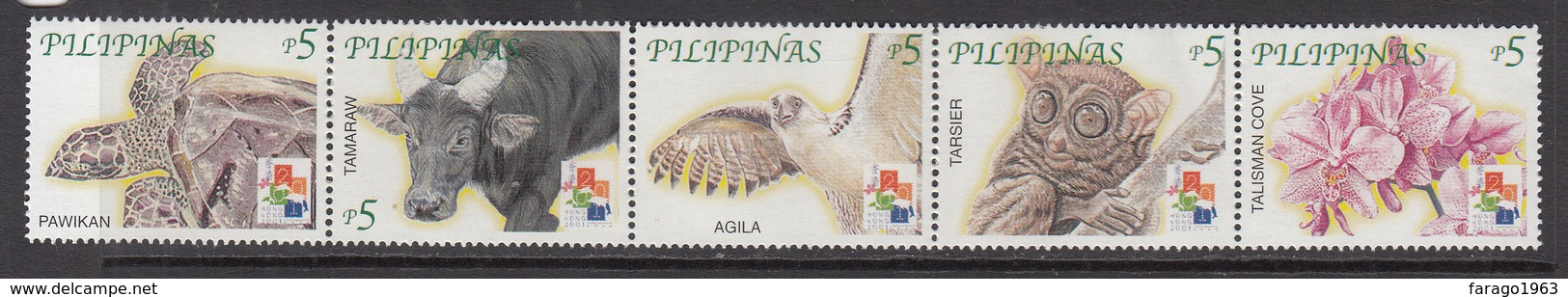 2001 Philippines Hong Kong Turtles Eagles Orchids Complete Strip Of 5 MNH - Philippinen