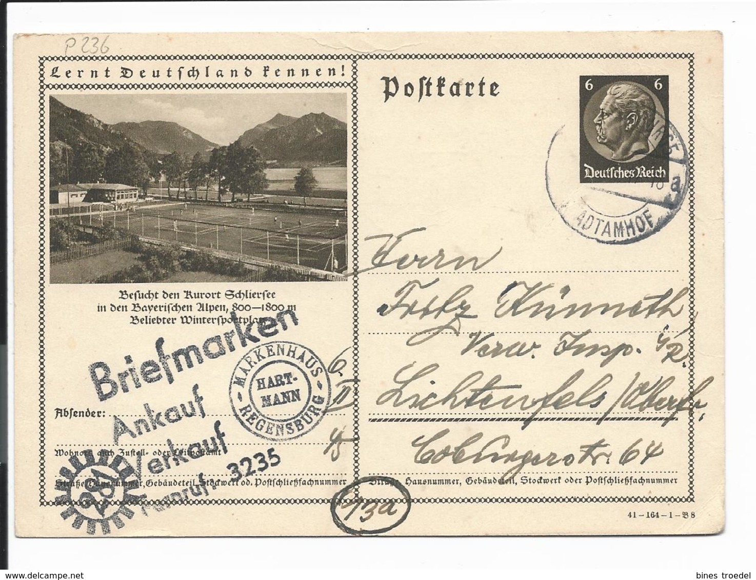 DR P 236 41-164-B8 - 6 Pf Hindenburg Med BiPo: Schliersee Tennisplätze V. Regensburg N. Lichtenfels Bedarfsverwendet - Altri & Non Classificati