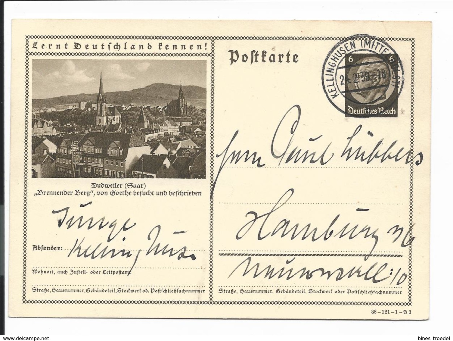 DR P 236 38-121-B3 - 6 Pf Hindenburg Med BiPo: Dudweiler Saar V. Kellinghusen N. Hamburg Bedarfsverwendet - Altri & Non Classificati