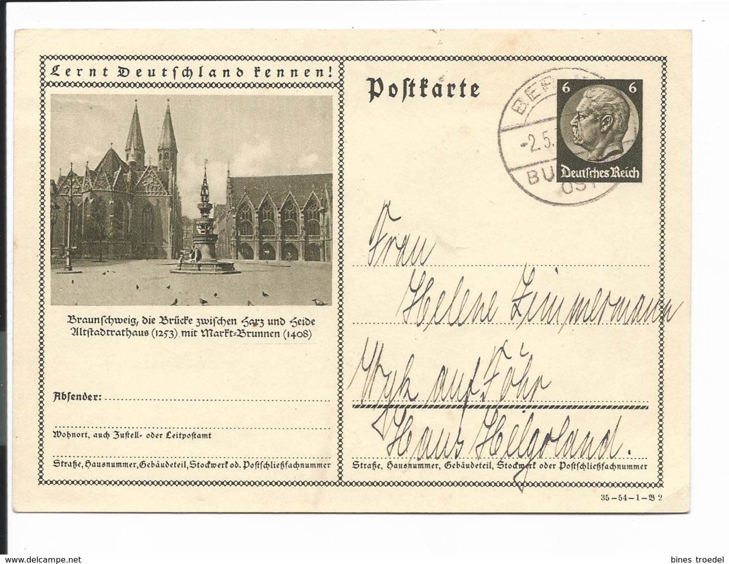 DR P 236 35-54-B2 - 6 Pf Hindenburg Med BiPo: Braunschweig Von Berlin Nach Wyk/Föhr Bedarfsverwendet - Altri & Non Classificati