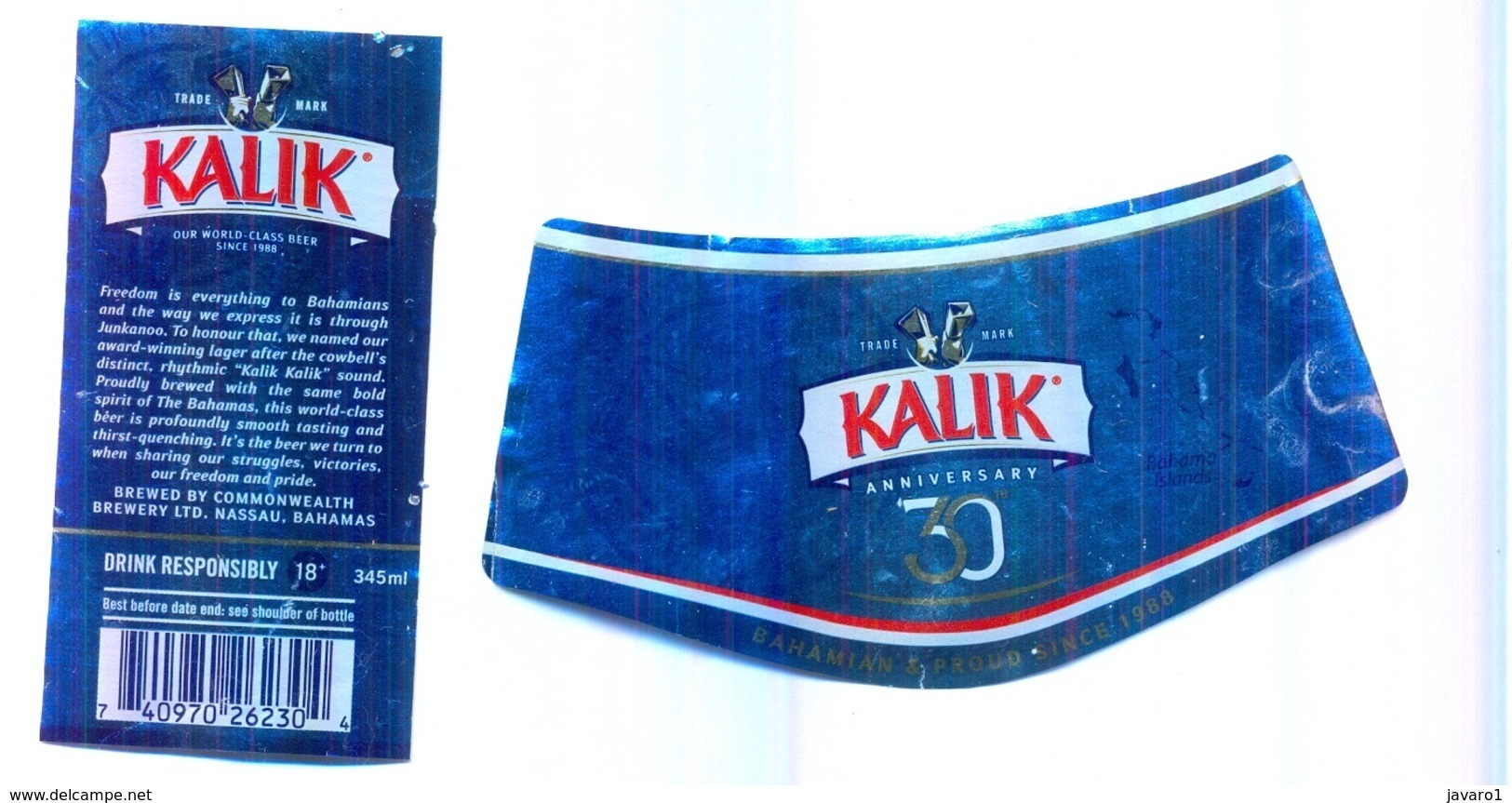 BAHAMAS : KALIK Beer Standard  Label 2018  , 30 Years Anniv. With Bottle Top Label And Bottle Back Label - Birra