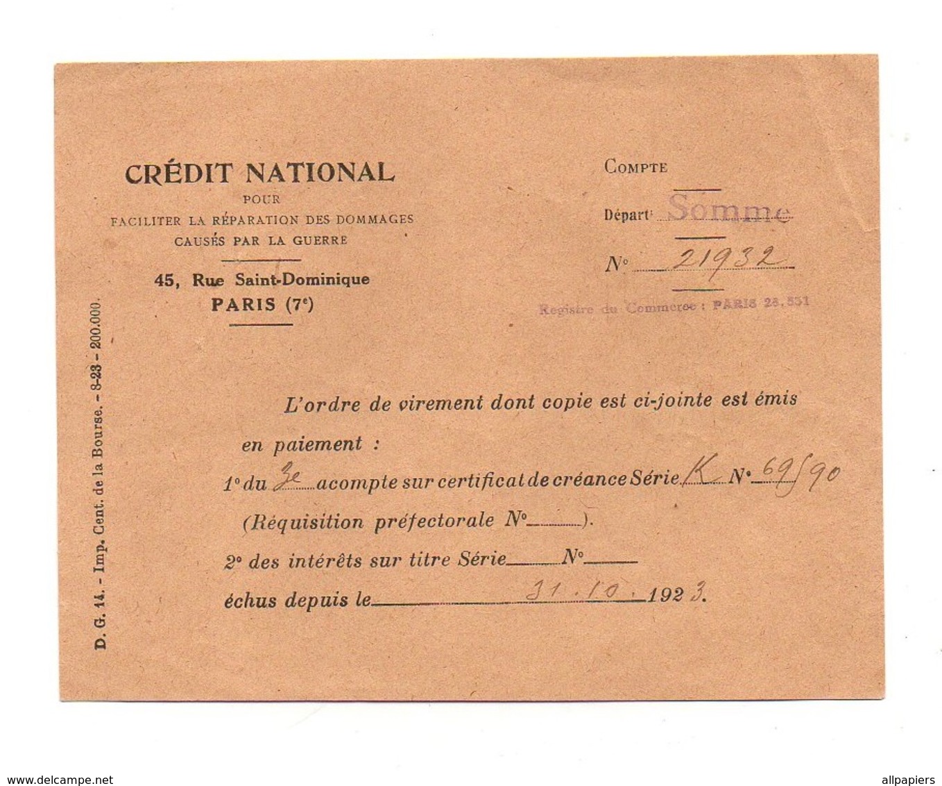 Ordre De Virement Crédit National Pour Faciliter La Réparation Des Dommages Causés Par La Guerre De 1923 - Diplomas Y Calificaciones Escolares