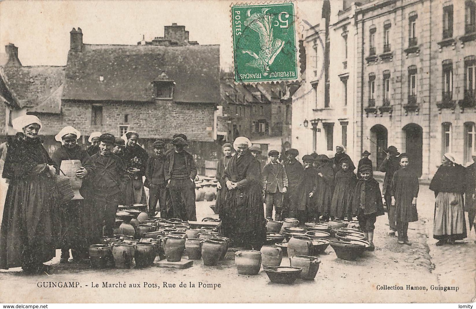 22 Guingamp Le Marché Aux Pots Rue De La Pompe Cpa Carte Animée Cachet 1909 - Guingamp