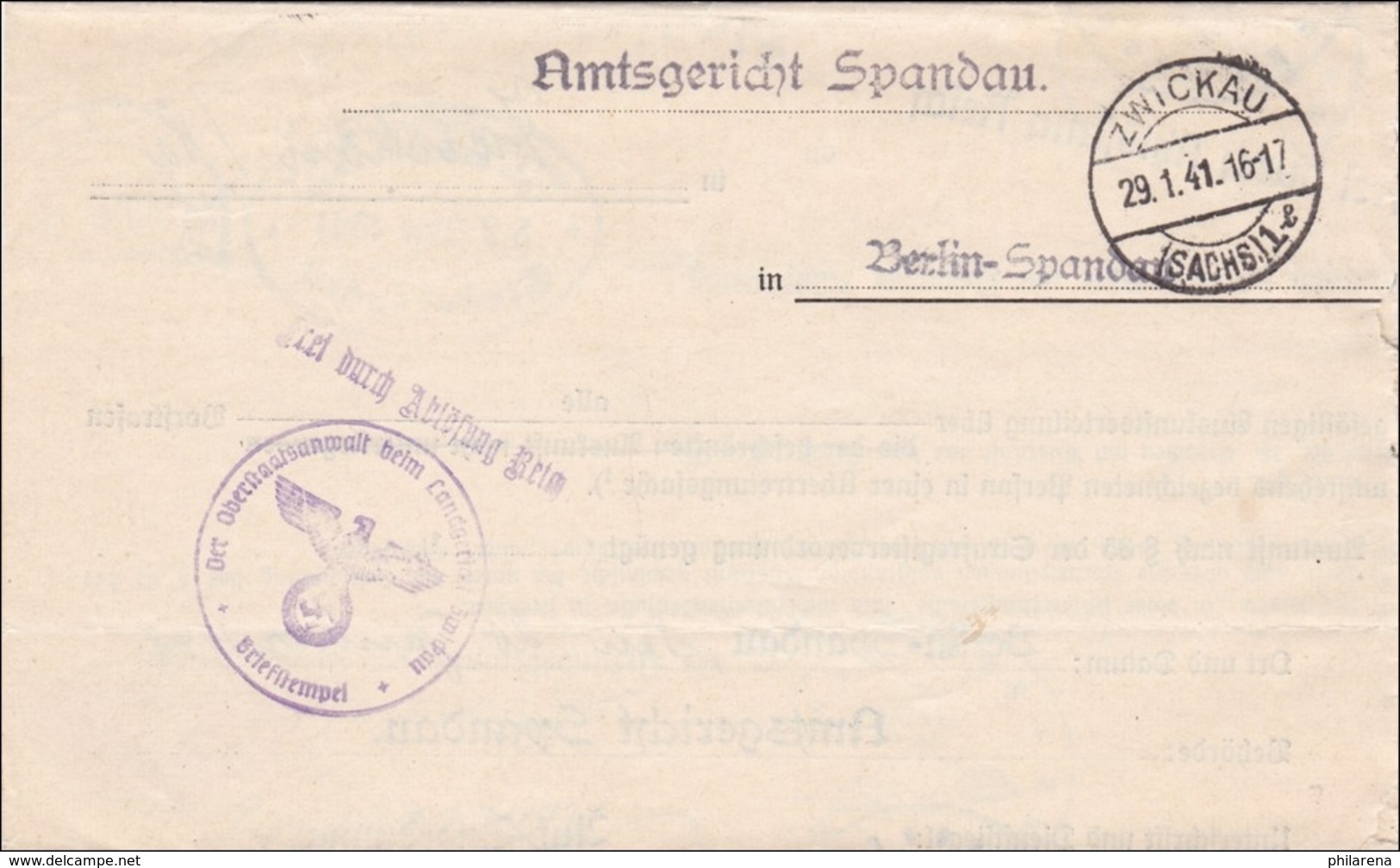 Frei Durch Ablösung ... Amtsgericht Spandau- Von Zwickau 1941 - Sonstige & Ohne Zuordnung