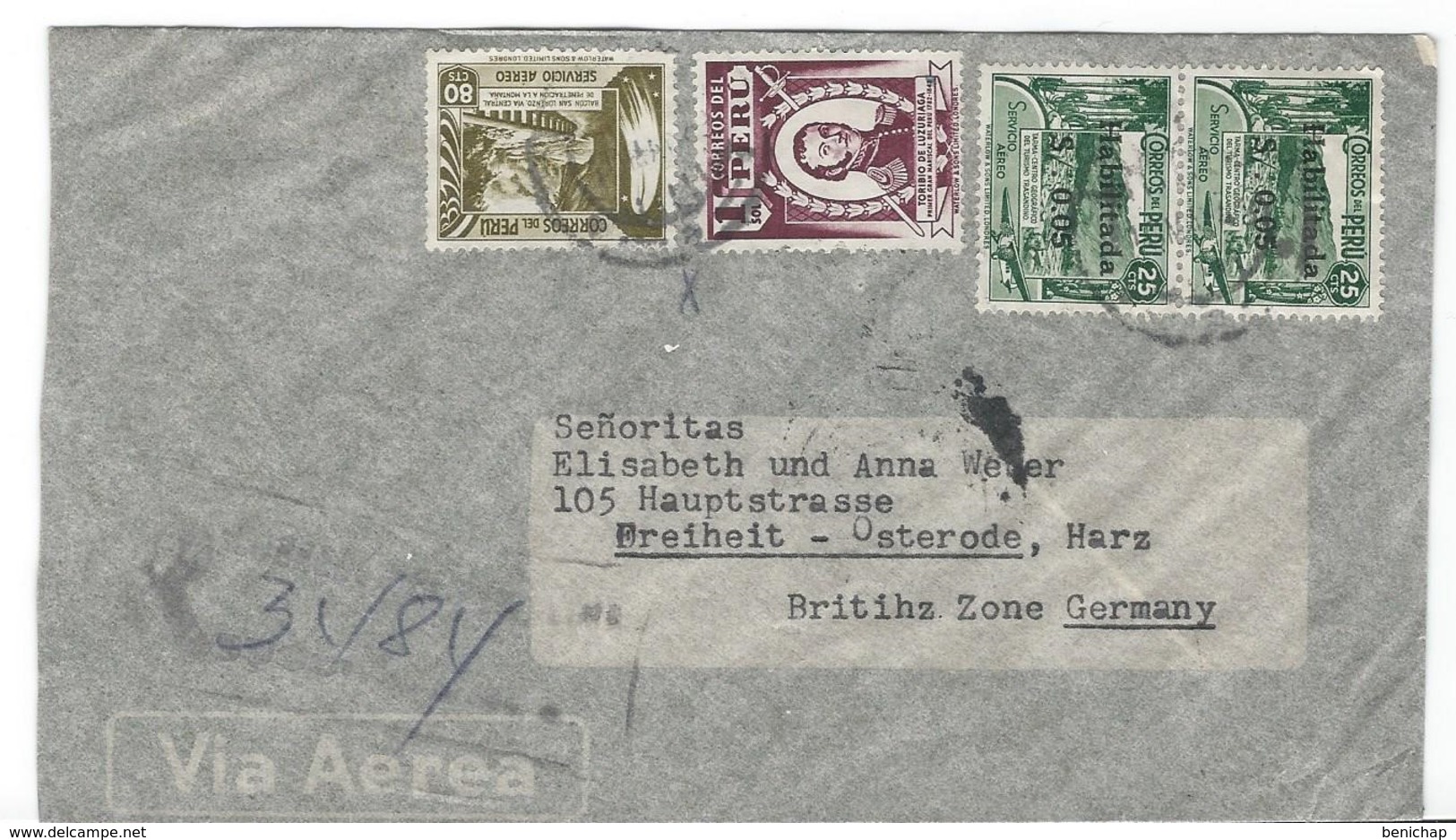 COVER CORREO AEREO PEROU - LIMA - BRITISHZ ZONE GERMANY. - Peru