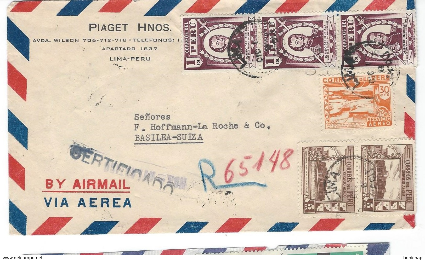 COVER CORREO AEREO PEROU - LIMA - BASEL - BASILEA - SUISSE - CERTIFICADO - 1948. - Peru