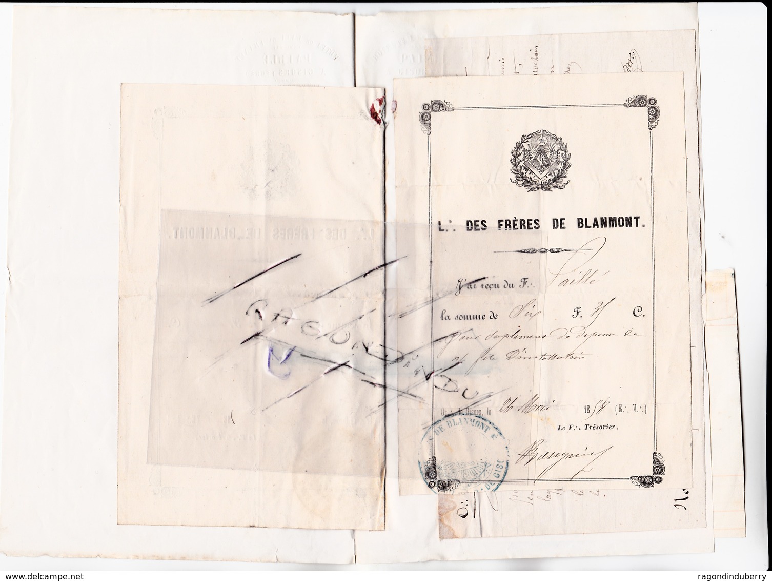 27 - GISORS - FRANC-MACON - FRERES De BLANMONT LOT De 3 Doc Dont Un Reçu De 100 Frs Pour Cote Part Création De La LOGE - - Non Classés