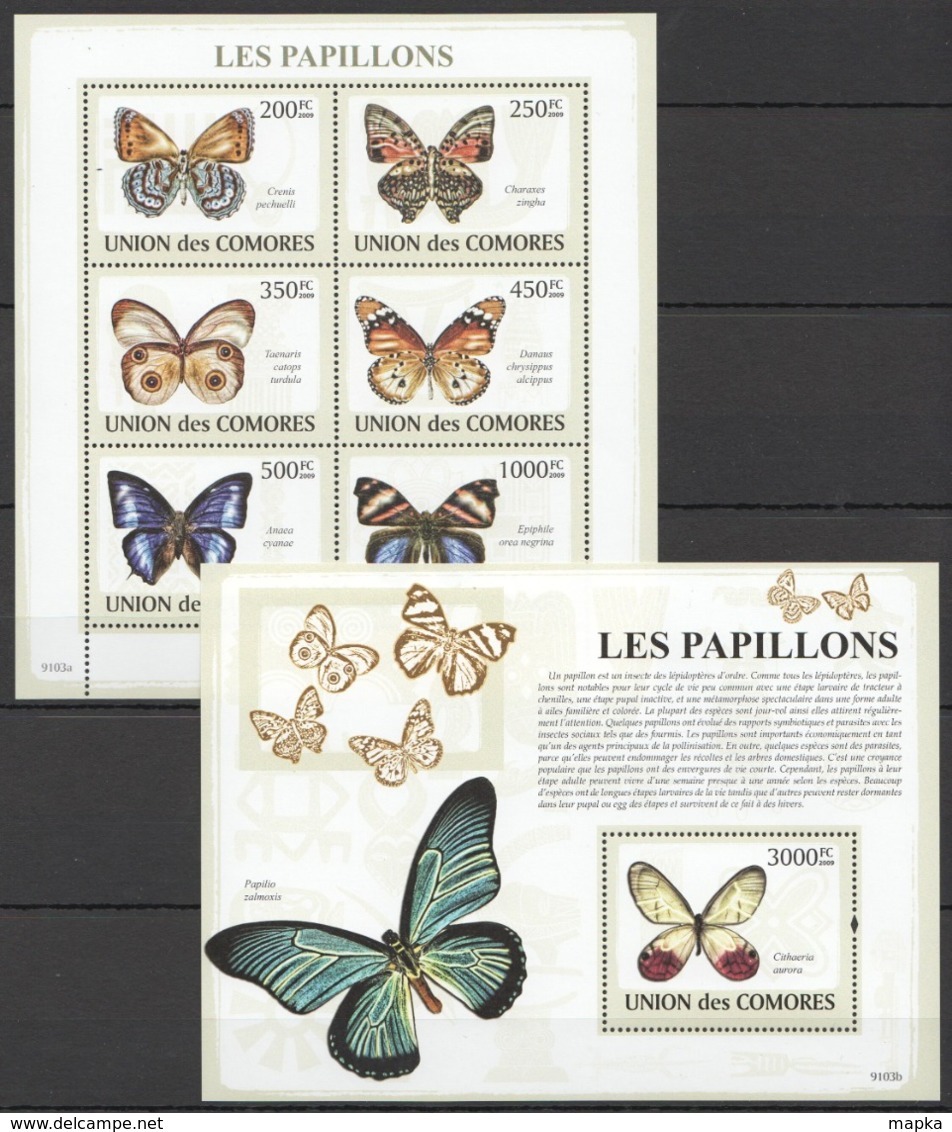 UC067 2009 UNION DES COMORES FAUNA BUTTERFLIES LES PAPILLONS 1KB+1BL MNH - Schmetterlinge