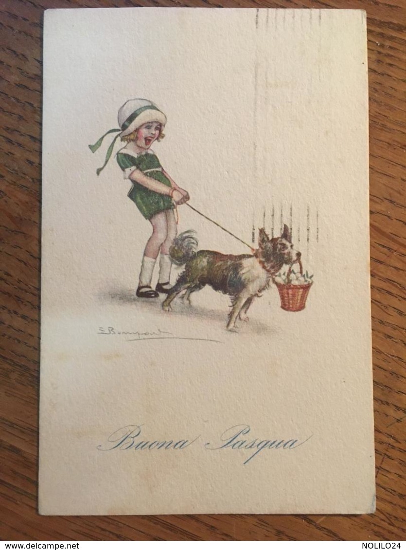 Carte, Illustrateur S.Bompard, Buena Pasqua (Italien: Joyeuses Pâques), Petite Fille, Chien, Panier D'oeufs, écrite 1921 - Bompard, S.