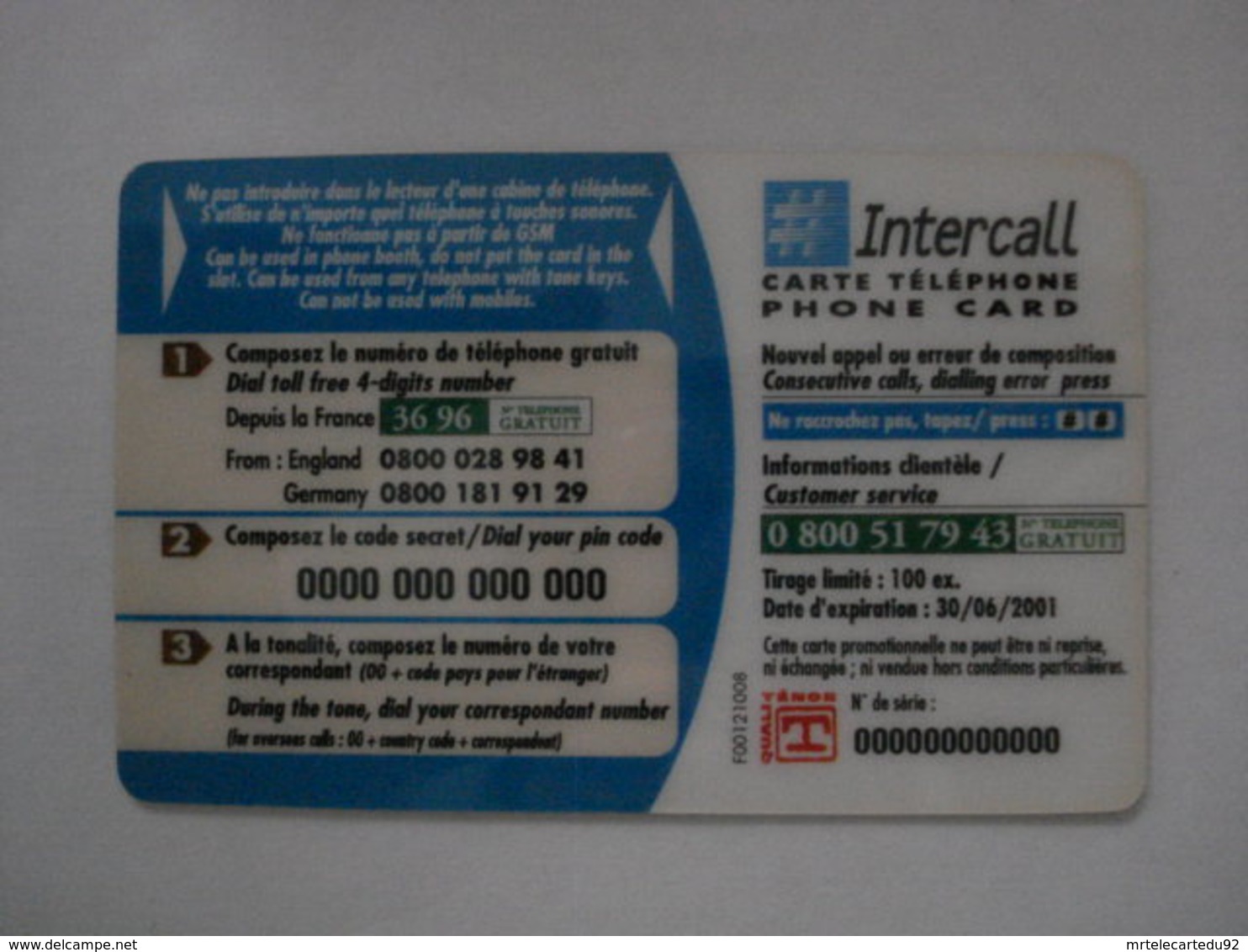 Carte Téléphonique Prépayée  " Intercall "  (sans Code). Rare - Per Cellulari (ricariche)