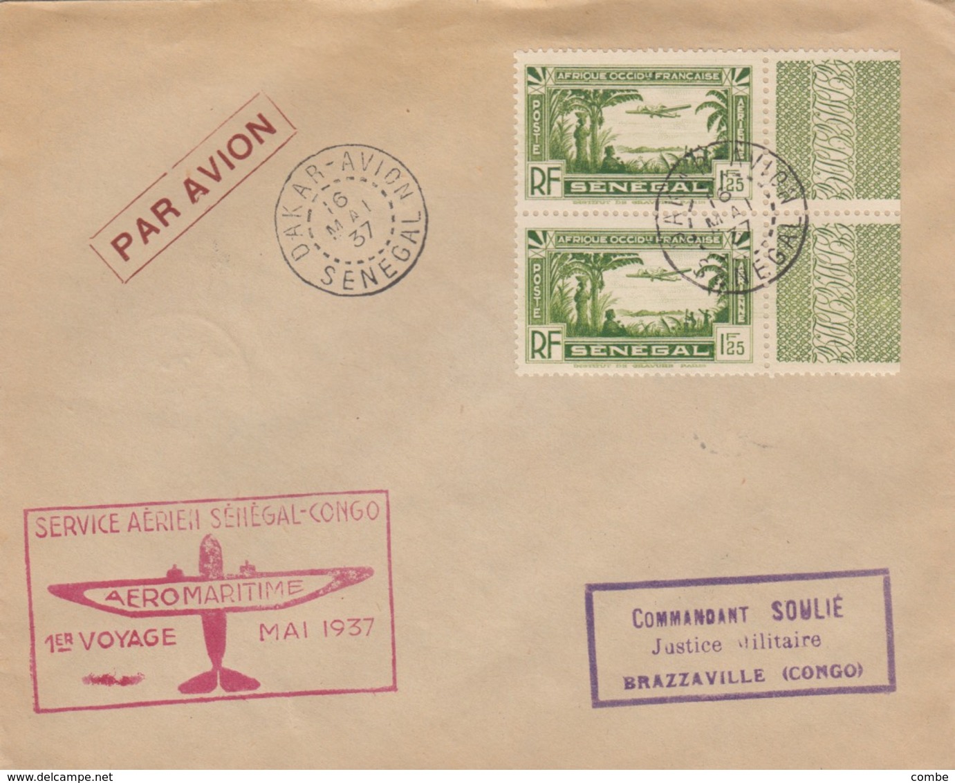 LETTRE SENEGAL. 1937. 1° VOYAGE AEROMARITIME SENEGAL CONGO  / 2 - Lettres & Documents