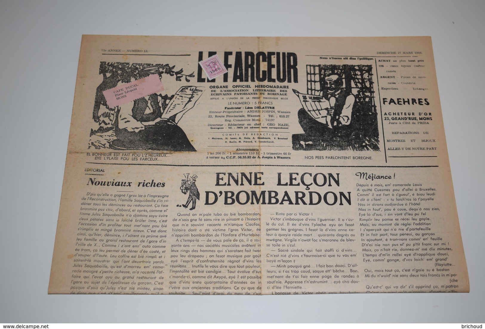 Le Farceur Hebdo Wallon Mons Borinage 27 Mars 1966 - Belgique