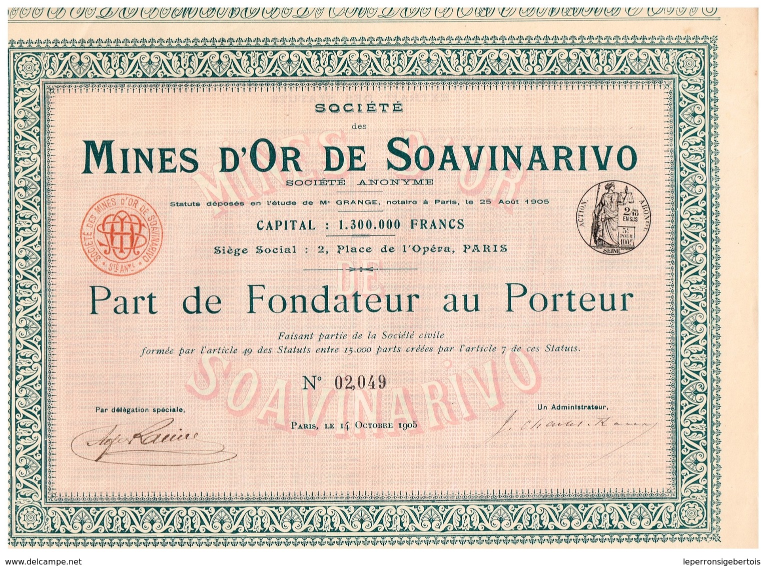 Titre Ancien - Société Des Mines D'Or De Soavinarivo - Titre De 1905 - - Mijnen