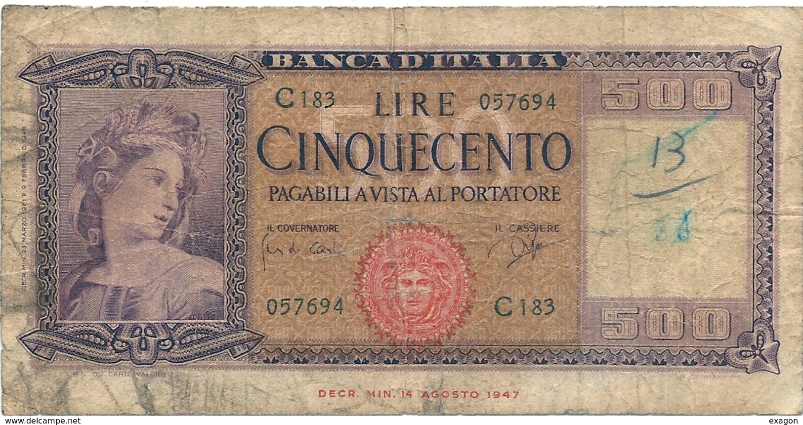 BANCA D'ITALIA - Lire 500  - Decreto  23.3.1961- Firme: Carli / Ripa - Grado Di Rarità  NON COMUNE - 500 Lire