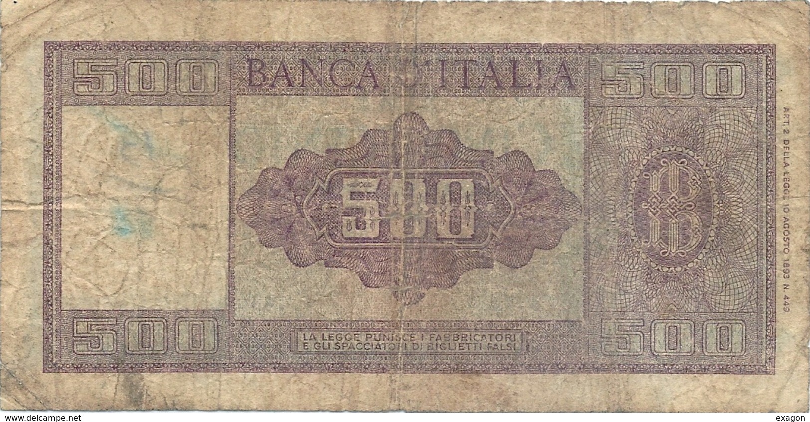 BANCA D'ITALIA - Lire 500  - Decreto  23.3.1961- Firme: Carli / Ripa - Grado Di Rarità  NON COMUNE - 500 Lire