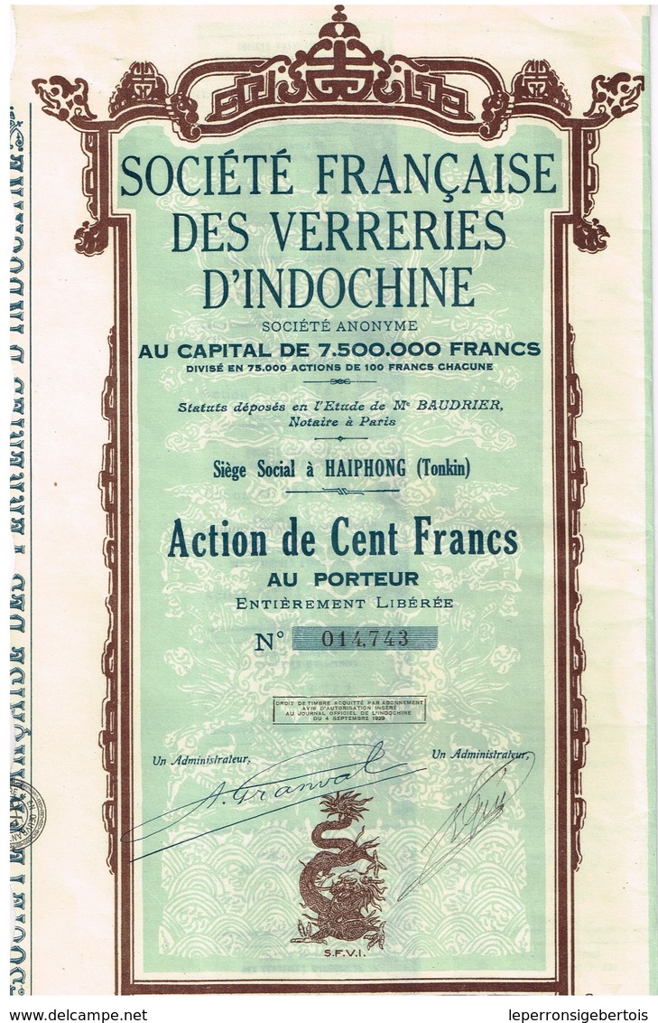 Titre Ancien - Société Française Des Verreries D'Indochine - Titre De 1929 - - Asia