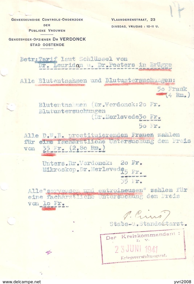 3 Documents Dr. VERDONCK STAD OOSTENDE Der Kreiskommandant En JUIN 1941 - Prostituées TARIFS - 1939-45