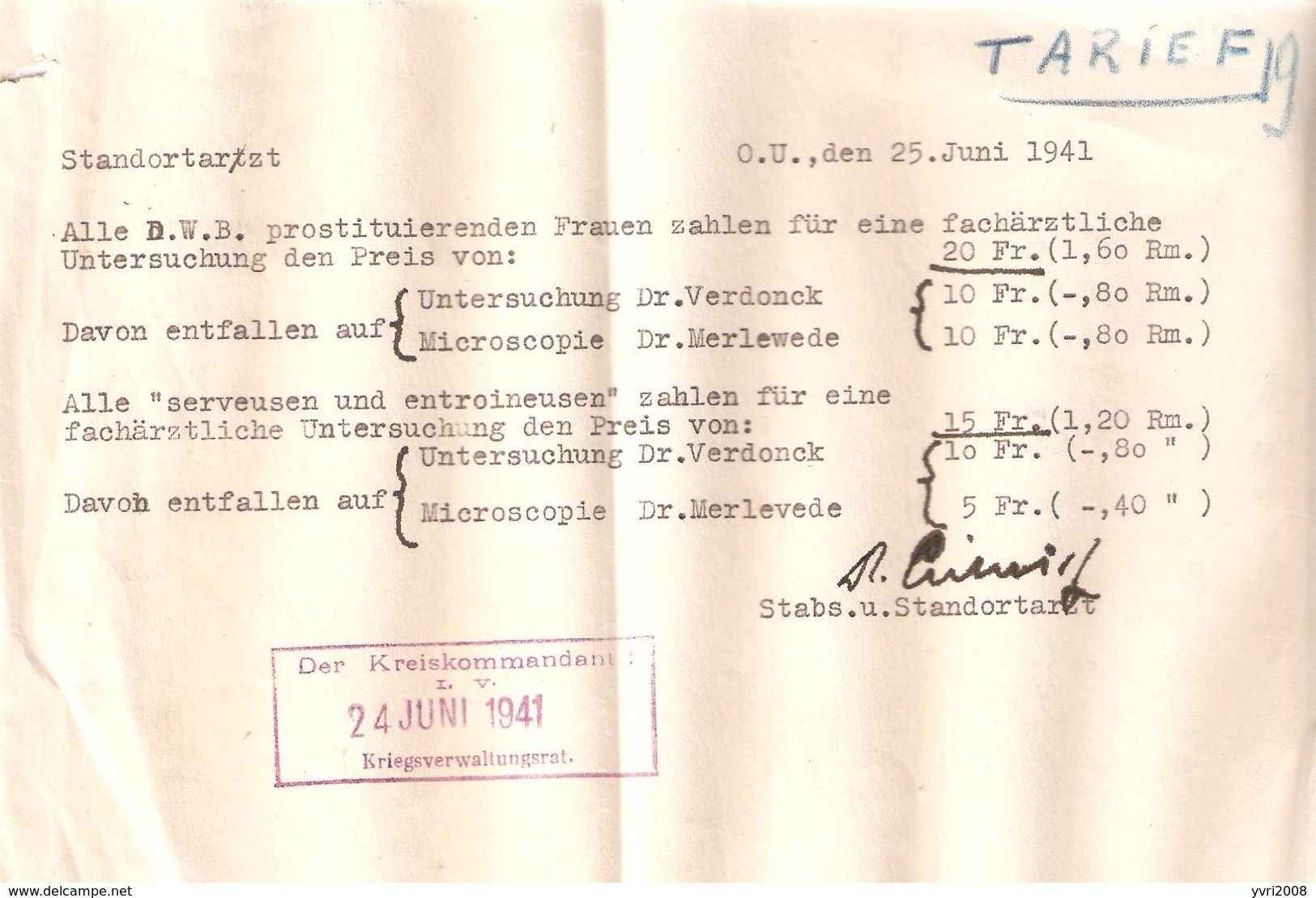 3 Documents Dr. VERDONCK STAD OOSTENDE Der Kreiskommandant En JUIN 1941 - Prostituées TARIFS - 1939-45