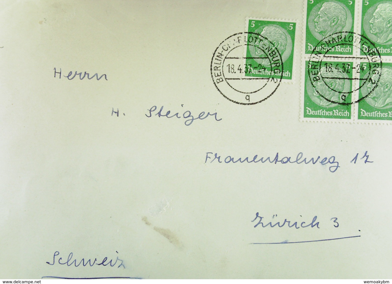 DR: Ausl-Brief Mit 5 Pf "Hindenburg" Dabei 4-er Block OSt. Berlin-Charlottenburg 2 Vom 18.4.37 Portogenau   Knr: 515 (5) - Briefe U. Dokumente